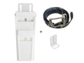 a white plastic holder and a black belt buckle.