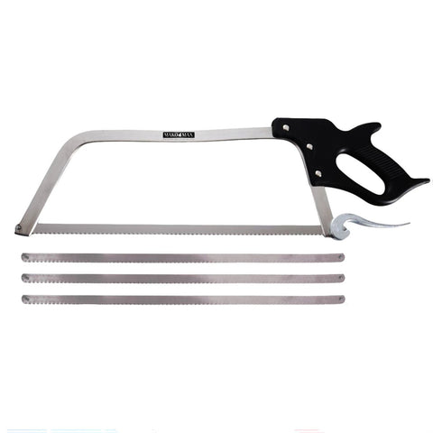 A metal hacksaw with a black handle and three interchangeable silver blades, shown on a plain white background.