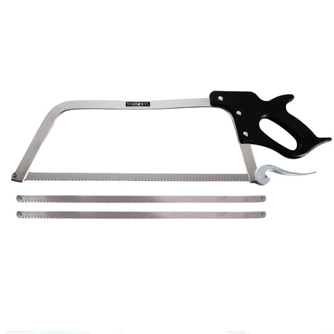 A metal hacksaw with a black handle and silver blade, shown with two additional replacement blades on a plain white background. The brand name 'Mako Max' is visible on the upper part of the frame.