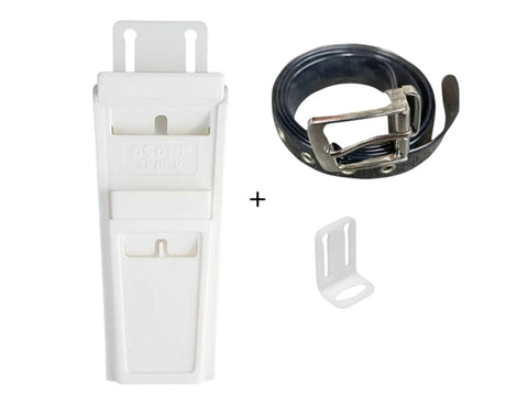 a white plastic holder and a black belt buckle.