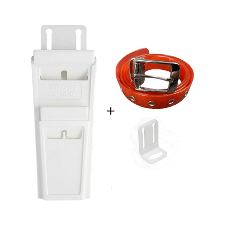a white plastic object with a red belt around it