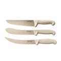 three knives with white handles on a black background