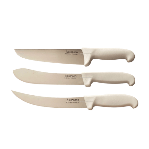 three knives with white handles on a black background