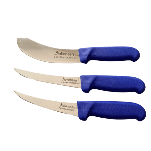 three knives with blue handles on a black background