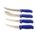 three knives with blue handles on a black background