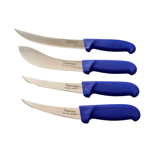 three knives with blue handles on a black background