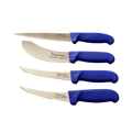 three knives with blue handles on a black background