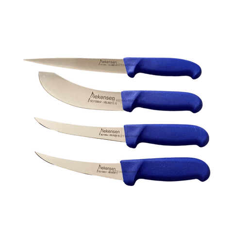 three knives with blue handles on a black background