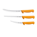 three orange handled knives on a black background