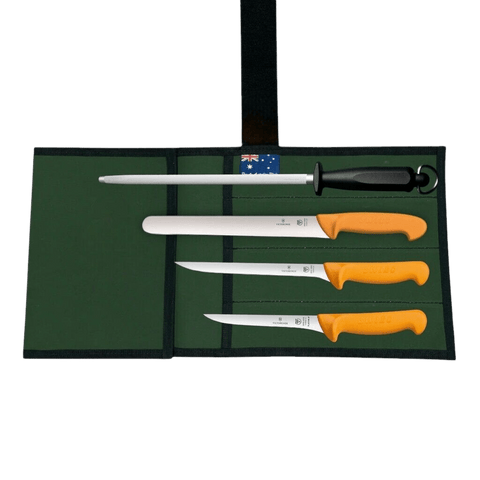 a set of five knives sitting on top of a green case