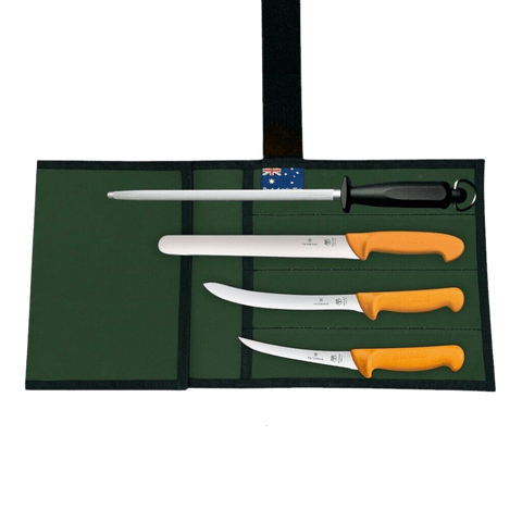 a set of five knives in a case