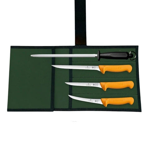 Swibo Victorinox 4PCS Knife Set Heavy Duty Canvas Wrap Filleting Boning Steel
