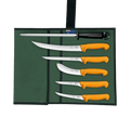 a set of five knives sitting on top of a green case