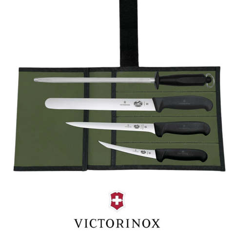Victorinox 4PCS Fishermen's Skinner & Fillet Fishing Knife Set with 12" Sharpening Steel and Canvas Wrap