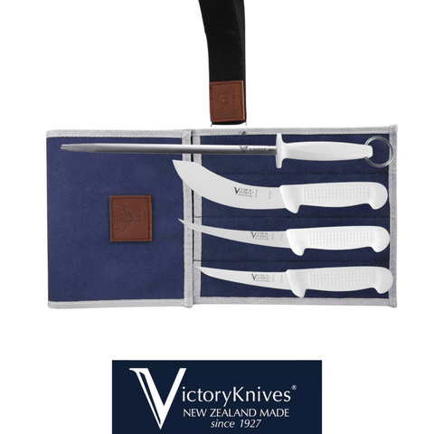 Victory 4PCS Butchers Knife Set 5" & 6" Boning Knife 6" Skinning 12" Steel Canvas Knife Wrap