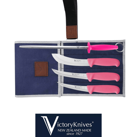 Victory 4PCS Butchers Knife Set  Hollow Ground Boning Knife Skinning 12" Steel Canvas Knife Wrap - Pink