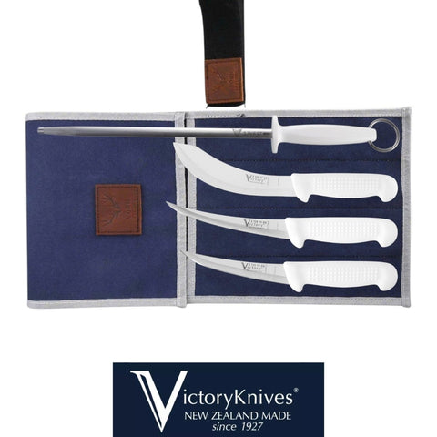Victory 4PCS Butchers Knife Set  Hollow Ground Boning Knife Skinning 12" Steel Canvas Knife Wrap - White