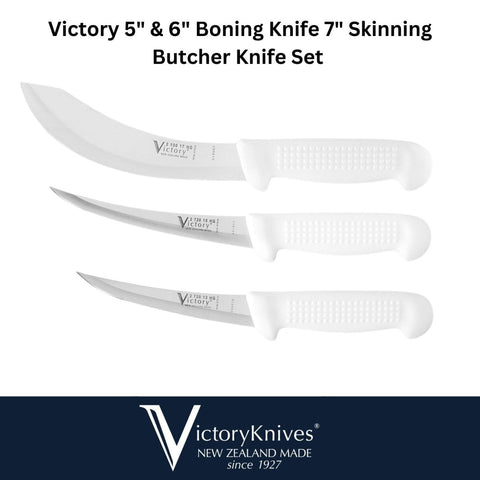 Victory 5" & 6" Boning Knife 7" Skinning Knife Butcher Set Non-slip Grip White