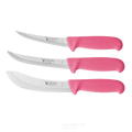 a set of three knives with pink handles