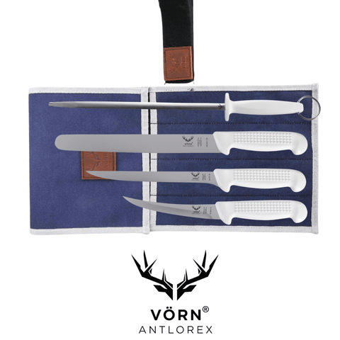 Vorn Antlorex 4PCS Essential Boat Fillet & Skinner Knife Set with 12" Sharpening Steel & Canvas Wrap