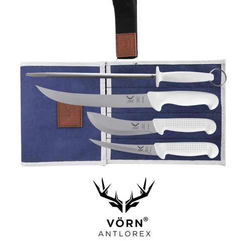 Vorn Antlorex 4PCS Farm Butcher Knife Set with 12" Sharpening Steel & Canvas Wrap