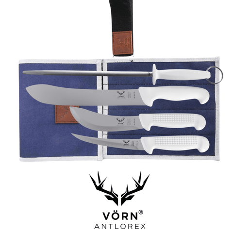 Vorn Antlorex 4PCS Farm German Steel Butcher Knife Set with 12" Sharpening Steel & Canvas Wrap