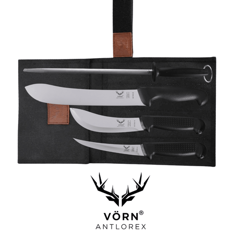 Vorn Antlorex 4PCS Farm German Steel Butcher Knife Set with 12" Sharpening Steel & Canvas Wrap