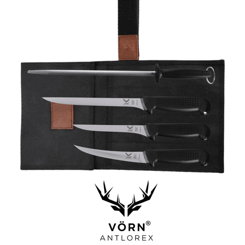 Vorn Antlorex 4PCS Professional Boat Fillet & Boning Knife Set with 12" Sharpening Steel & Canvas Wrap