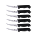 Set of six steak knives with black handles on a white background