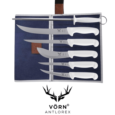 Vorn Antlorex 6PCS Sportmans All Rounder German Steel Butcher Knife Set with 12" Sharpening Steel & Canvas Wrap