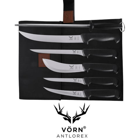 Vorn Antlorex 6PCS Sportmans All Rounder German Steel Butcher Knife Set with 12" Sharpening Steel & Canvas Wrap