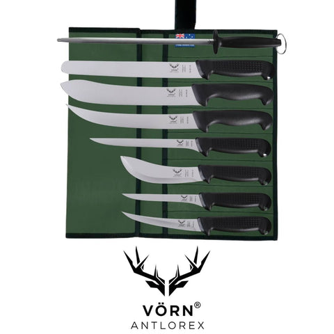 Vorn Antlorex 8PCS Ultimate Sportsman's German Steel Knife Package Set with 12" Sharpening Steel & Canvas Wrap