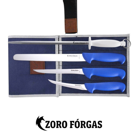 Zoro Forgas 4PCS Essential Boat Fillet & Skinner Knife Set with 12" Sharpening Steel with Canvas Wrap