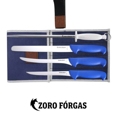 Zoro Forgas 4PCS Professional Large Fish Boat Knife Set with 12" Sharpening Steel with Canvas Wrap