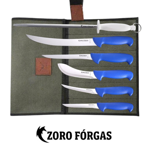 Zoro Forgas 6PCS All-Rounder Sportsmans Knife Set with 12" Sharpening Steel & Canvas Wrap